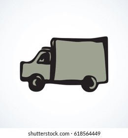Post carrier wagon machine on white backdrop. Web outline ui logo concept. Freehand linear black ink hand drawn picture emblem sketchy in art retro doodle contour style. View speed with space for text