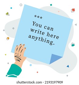 Post for cocial media with hand. Hand holding a paper reminder for note. Page to write text. Free spsce for text