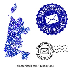 Post collage of blue mosaic map of North Holland and rubber seals. Vector seals with distress rubber texture with Airmail title and envelope symbols. Flat design for mail delivery templates.