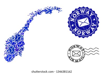 Post collage of blue mosaic map of Norway and rubber seals. Vector seals with corroded rubber texture with Airmail slogan and envelope symbols. Flat design for messages communication illustrations.