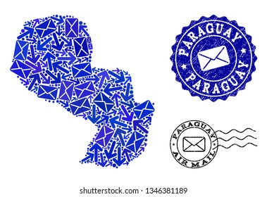 Post collage of blue mosaic map of Paraguay and scratched stamp seals. Vector seals with scratched rubber texture with Airmail title and envelope symbols. Flat design for post motion illustrations.