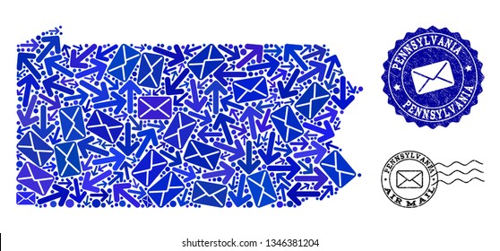 Post collage of blue mosaic map of Pennsylvania State and dirty seals. Vector seals with distress rubber texture with Airmail caption and envelope symbols.