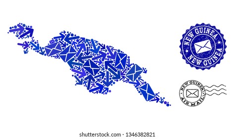 Post collage of blue mosaic map of New Guinea Island and corroded seals. Vector imprints with corroded rubber texture with Airmail title and envelope symbols.