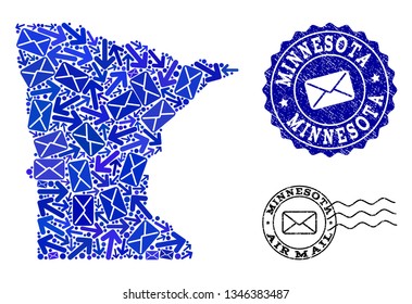 Post collage of blue mosaic map of Minnesota State and rubber stamp seals. Vector watermarks with scratched rubber texture with Airmail caption and envelope symbols.