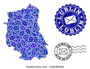 Post collage of blue mosaic map of Lublin Province and rubber stamps. Vector watermarks with unclean rubber texture with Airmail slogan and envelope symbols. Flat design for post pathways purposes.