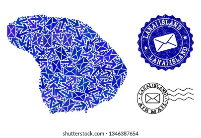 Post collage of blue mosaic map of Lanai Island and unclean seals. Vector imprints with unclean rubber texture with Airmail title and envelope symbols. Flat design for post traffic posters.