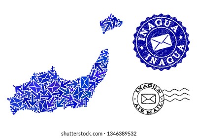 Post collage of blue mosaic map of Inagua Islands and corroded stamp seals. Vector seals with corroded rubber texture with Airmail caption and envelope symbols.