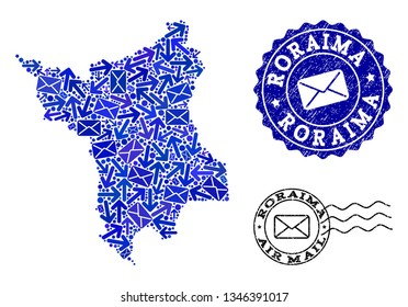 Post collage of blue mosaic map of Roraima State and corroded seals. Vector imprints with corroded rubber texture with Airmail caption and envelope symbols. Flat design for mail ways purposes.