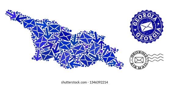 Post collage of blue mosaic map of Georgia and rubber stamp seals. Vector seals with grunge rubber texture with Airmail title and envelope symbols. Flat design for mail communication templates.