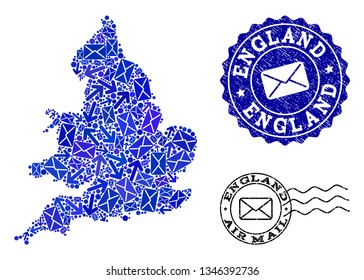 Post collage of blue mosaic map of England and grunge seals. Vector seals with grunge rubber texture with Airmail title and envelope symbols. Flat design for post movement illustrations.