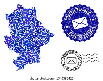 Post collage of blue mosaic map of Donetsk Republic and unclean seals. Vector imprints with unclean rubber texture with Airmail slogan and envelope symbols.