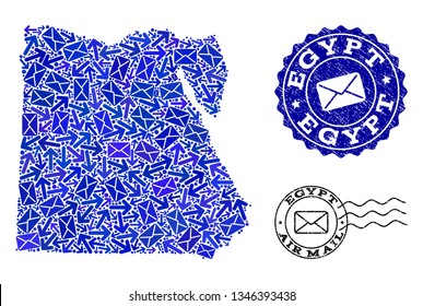 Post collage of blue mosaic map of Egypt and scratched stamp seals. Vector imprints with scratched rubber texture with Airmail title and envelope symbols. Flat design for letters ways illustrations.