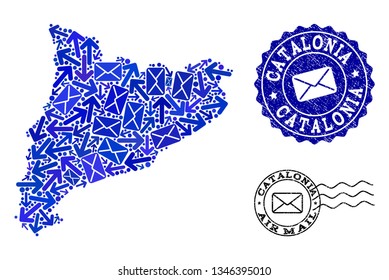 Post collage of blue mosaic map of Catalonia and grunge seals. Vector seals with corroded rubber texture with Airmail slogan and envelope symbols. Flat design for post pathways purposes.
