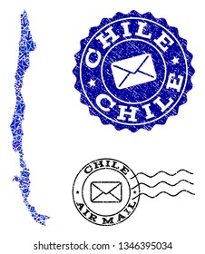 Post collage of blue mosaic map of Chile and rubber stamp seals. Vector seals with unclean rubber texture with Airmail text and envelope symbols. Flat design for letters movement templates.