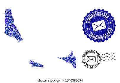 Post collage of blue mosaic map of Comoros Islands and rubber stamp seals. Vector watermarks with corroded rubber texture with Airmail text and envelope symbols. Flat design for post motion purposes.