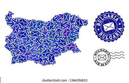 Post collage of blue mosaic map of Bulgaria and dirty seals. Vector seals with unclean rubber texture with Airmail slogan and envelope symbols. Flat design for post motion purposes.