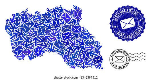 Post collage of blue mosaic map of Santa Maria Island and scratched seals. Vector seals with scratched rubber texture with Airmail slogan and envelope symbols. Flat design for messages routes posters. svg