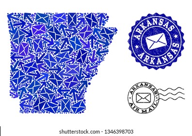Post collage of blue mosaic map of Arkansas State and textured seals. Vector seals with unclean rubber texture with Airmail text and envelope symbols. Flat design for letters delivery illustrations.
