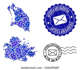 Post collage of blue mosaic map of Antigua and Barbuda and grunge seals. Vector imprints with grunge rubber texture with Airmail text and envelope symbols. Flat design for post routes purposes.