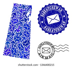 Post collage of blue mosaic map of Saskatchewan Province and rubber stamp seals. Vector seals with distress rubber texture with Airmail text and envelope symbols.