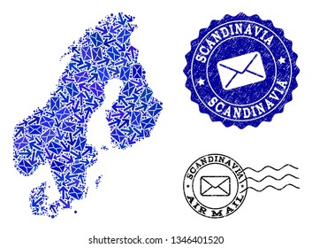 Post collage of blue mosaic map of Scandinavia and rubber stamp seals. Vector seals with corroded rubber texture with Airmail slogan and envelope symbols. Flat design for post movement posters.
