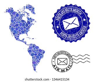 Post collage of blue mosaic map of South and North America and unclean seals. Vector seals with scratched rubber texture with Airmail slogan and envelope symbols.
