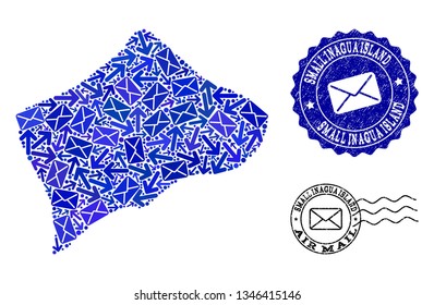 Post collage of blue mosaic map of Small Inagua Island and rubber stamp seals. Vector seals with corroded rubber texture with Airmail slogan and envelope symbols. Flat design for post motion posters.