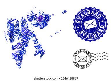 Post collage of blue mosaic map of Svalbard Islands and corroded stamp seals. Vector seals with corroded rubber texture with Airmail slogan and envelope symbols. Flat design for post pathways posters.
