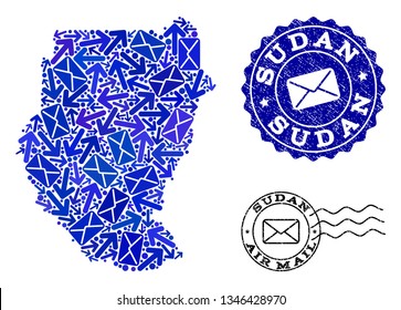 Post collage of blue mosaic map of Sudan and rubber stamps. Vector watermarks with scratched rubber texture with Airmail text and envelope symbols. Flat design for post routes purposes.