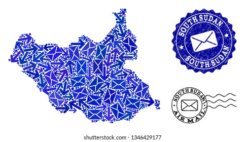 Post collage of blue mosaic map of South Sudan and grunge stamp seals. Vector seals with grunge rubber texture with Airmail title and envelope symbols. Flat design for letters delivery illustrations.