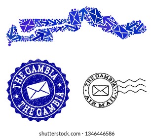 Post collage of blue mosaic map of the Gambia and rubber seals. Vector imprints with scratched rubber texture with Airmail slogan and envelope symbols. Flat design for letters movement templates.