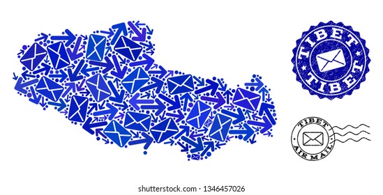Post collage of blue mosaic map of Tibet and unclean stamps. Vector seals with unclean rubber texture with Airmail caption and envelope symbols. Flat design for post routes posters.