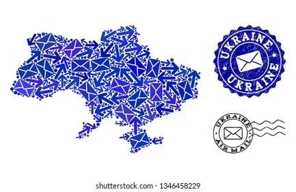 Post collage of blue mosaic map of Ukraine and grunge seals. Vector seals with grunge rubber texture with Airmail caption and envelope symbols. Flat design for post routes posters.
