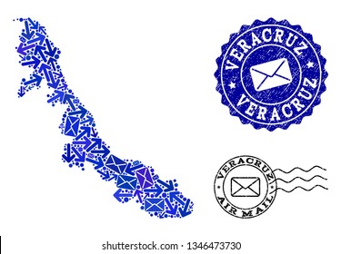 Post collage of blue mosaic map of Veracruz State and rubber stamp seals. Vector imprints with scratched rubber texture with Airmail slogan and envelope symbols.