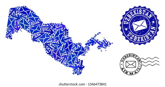 Post collage of blue mosaic map of Uzbekistan and corroded stamp seals. Vector seals with corroded rubber texture with Airmail caption and envelope symbols.