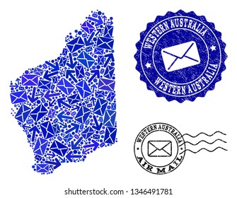 Post collage of blue mosaic map of Western Australia and unclean seals. Vector seals with scratched rubber texture with Airmail slogan and envelope symbols. Flat design for post routes illustrations.