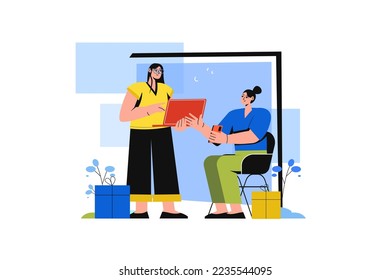 Post color concept with people scene in the flat cartoon design. Manager explains to new worker how to send parcels. Vector illustration.
