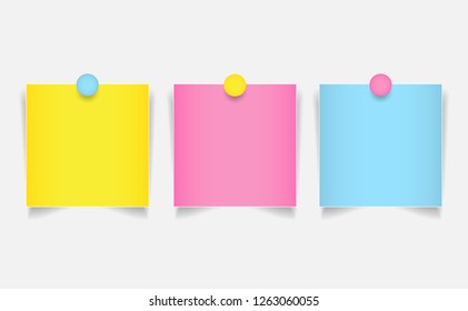 Post it colorful paper and pins vector illustration design.Yellow,pink,blue notepads pin on board for reminder worker at office.Space for announcement important notice.