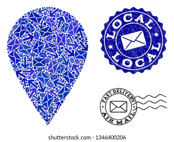 Post combination of blue mosaic local place and grunge stamp seals. Vector seals with corroded rubber texture with Airmail caption and envelope symbols. Flat design for post communication purposes.