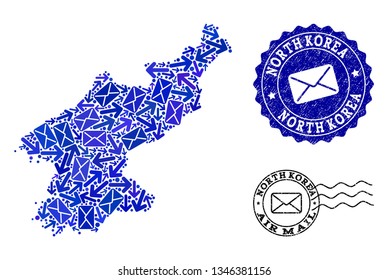 Post combination of blue mosaic map of North Korea and rubber seals. Vector seals with corroded rubber texture with Airmail text and envelope symbols. Flat design for letters motion purposes.