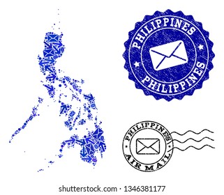 Post combination of blue mosaic map of Philippines and rubber stamp seals. Vector watermarks with scratched rubber texture with Airmail caption and envelope symbols.