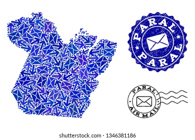 Post combination of blue mosaic map of Paral State and rubber stamp seals. Vector seals with scratched rubber texture with Airmail title and envelope symbols.