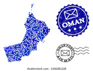Post combination of blue mosaic map of Oman and textured stamp seals. Vector watermarks with distress rubber texture with Airmail slogan and envelope symbols.