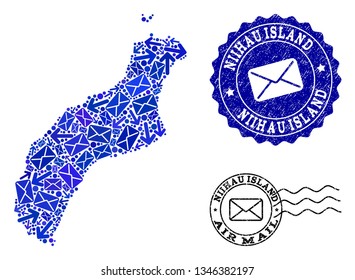 Post combination of blue mosaic map of Niihau Island and rubber stamps. Vector imprints with scratched rubber texture with Airmail caption and envelope symbols.