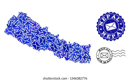 Post combination of blue mosaic map of Nepal and rubber seals. Vector seals with scratched rubber texture with Airmail slogan and envelope symbols. Flat design for post routes templates.