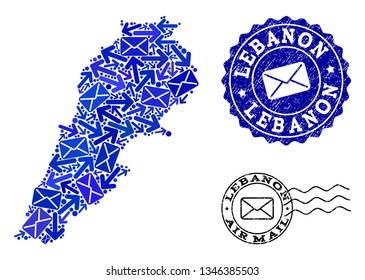 Post combination of blue mosaic map of Lebanon and rubber seals. Vector seals with corroded rubber texture with Airmail text and envelope symbols. Flat design for post pathways illustrations.