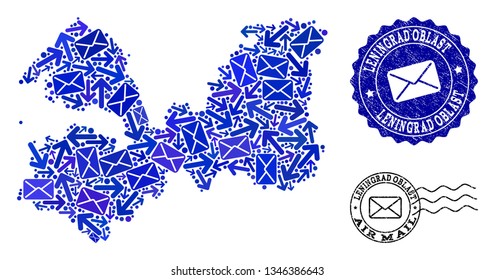 Post combination of blue mosaic map of Leningrad Region and rubber seals. Vector imprints with corroded rubber texture with Airmail text and envelope symbols. Flat design for post traffic purposes.