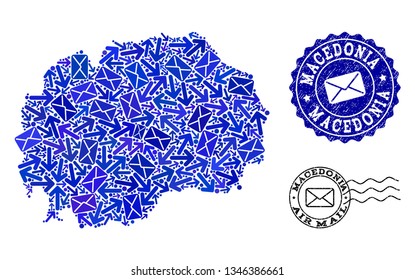 Post combination of blue mosaic map of Macedonia and rubber stamp seals. Vector seals with corroded rubber texture with Airmail slogan and envelope symbols. Flat design for mail ways illustrations.