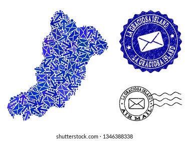 Post combination of blue mosaic map of La Graciosa Island and grunge stamp seals. Vector seals with distress rubber texture with Airmail title and envelope symbols.