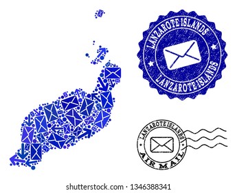 Post combination of blue mosaic map of Lanzarote Islands and unclean stamp seals. Vector seals with unclean rubber texture with Airmail caption and envelope symbols.